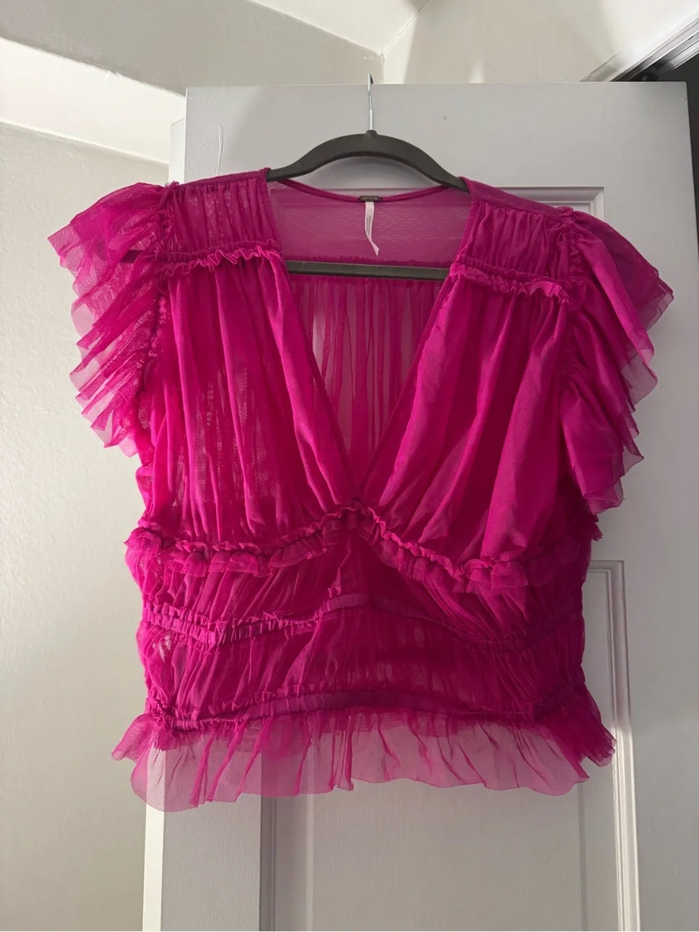 Free People Sheer Ruffle Crop Top - Hot Pink